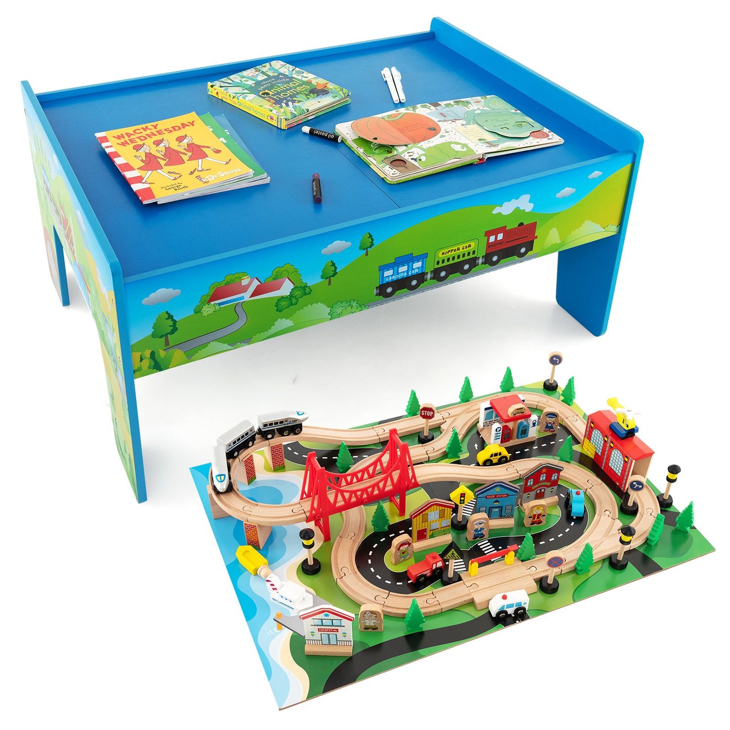 80-Piece Wooden Activity Playset with Reversible Tabletop