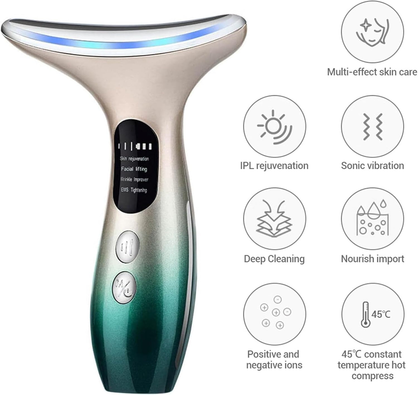 Advanced Face Massager - Anti-Wrinkle and Skin Tightening Device with 45°C Heat and 4 Modes for Facial and Neck EMS Toning and Firming