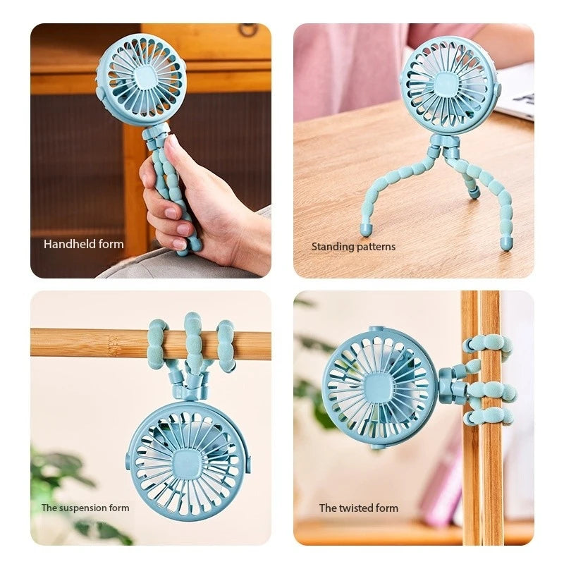 Octopus Mini USB Fan – Clip-On Cool + Night Light for Stroller, Desk & Travel!