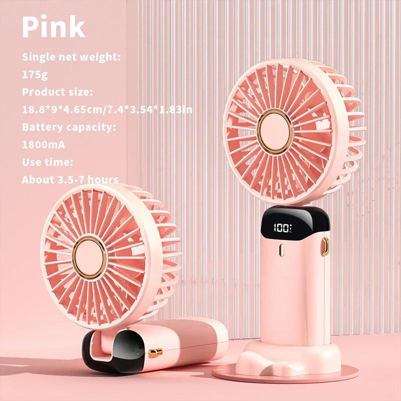 "5-in-1 Foldable Mini Fan | 3000mAh USB Rechargeable • Neck Hanging + Desk Stand + Phone Holder • LED Display • 5 Speeds"
