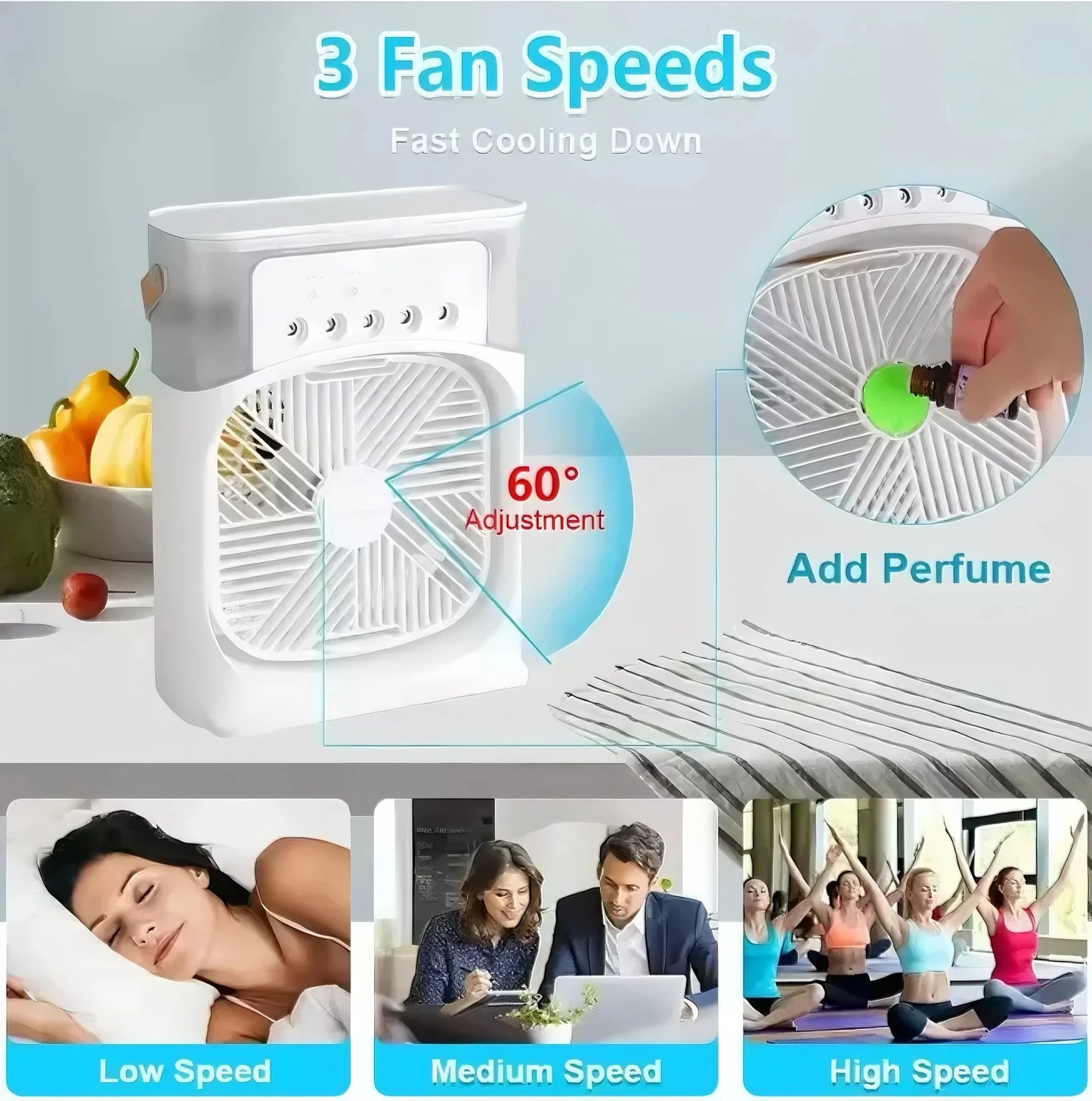 "3-in-1 Portable Air Cooler | Fan + Humidifier + LED Light | Timer & 5-Hole Mist"
