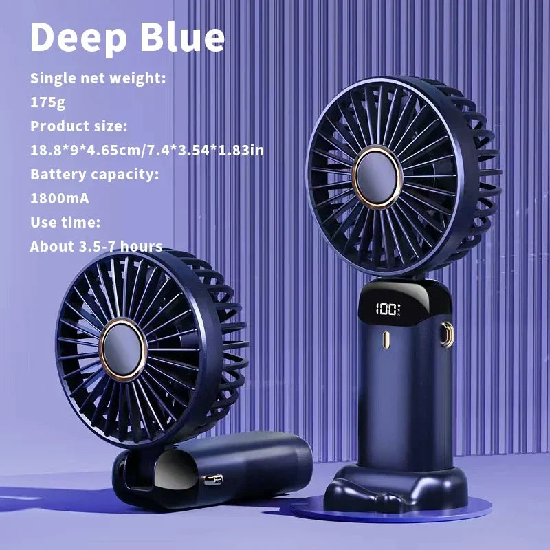 "5-in-1 Foldable Mini Fan | 3000mAh USB Rechargeable • Neck Hanging + Desk Stand + Phone Holder • LED Display • 5 Speeds"