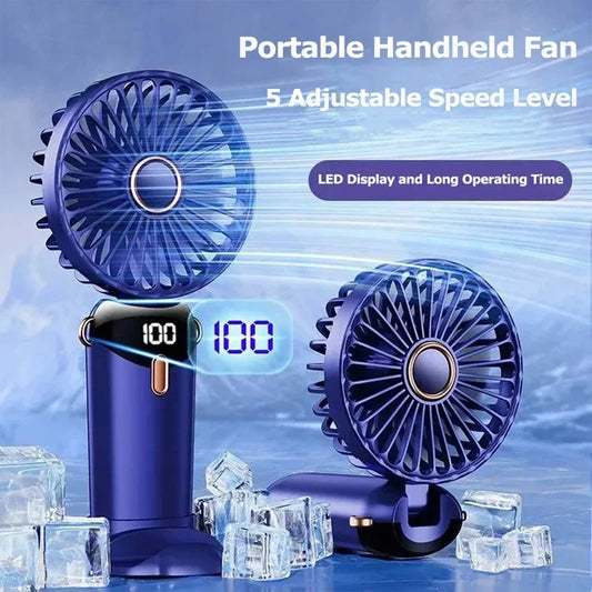 "5-in-1 Foldable Mini Fan | 3000mAh USB Rechargeable • Neck Hanging + Desk Stand + Phone Holder • LED Display • 5 Speeds"