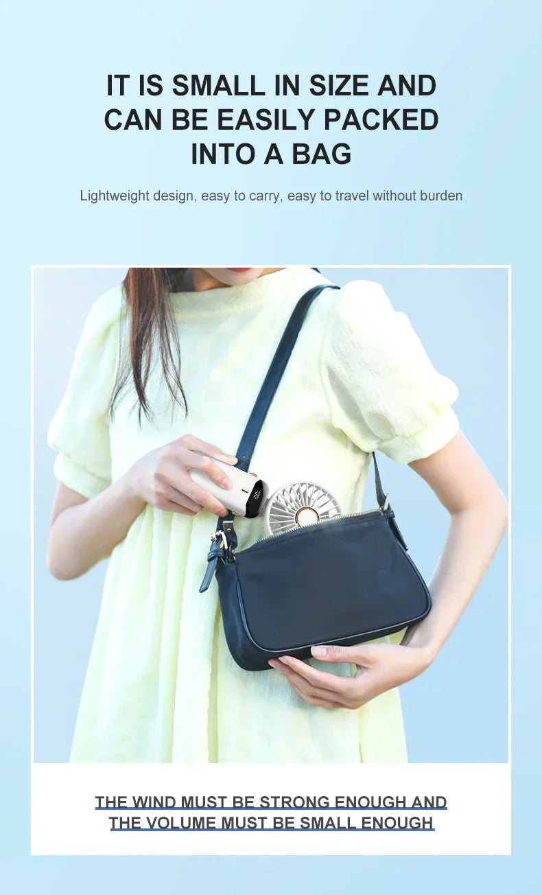 "5-in-1 Foldable Mini Fan | 3000mAh USB Rechargeable • Neck Hanging + Desk Stand + Phone Holder • LED Display • 5 Speeds"