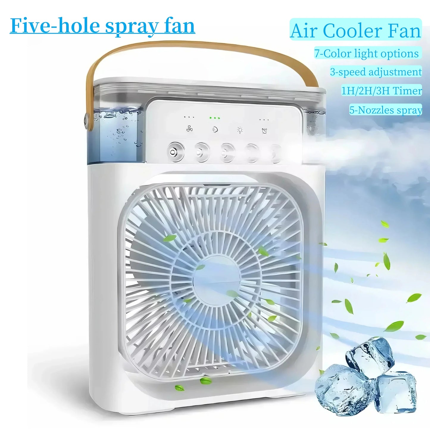 "3-in-1 Portable Air Cooler | Fan + Humidifier + LED Light | Timer & 5-Hole Mist"