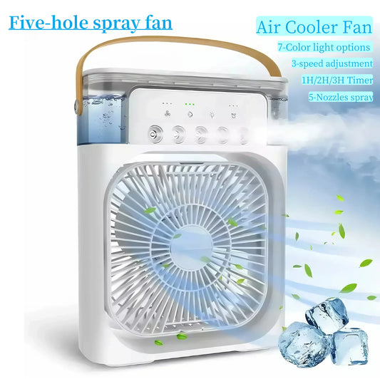 "3-in-1 Portable Air Cooler | Fan + Humidifier + LED Light | Timer & 5-Hole Mist"