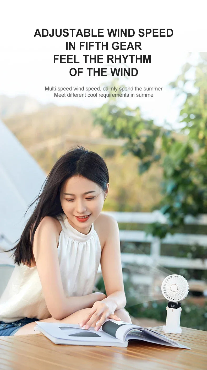 "5-in-1 Foldable Mini Fan | 3000mAh USB Rechargeable • Neck Hanging + Desk Stand + Phone Holder • LED Display • 5 Speeds"