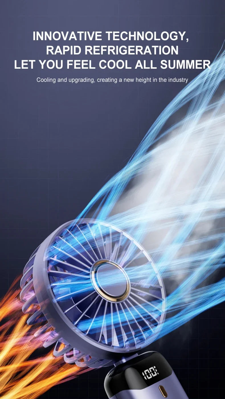 "5-in-1 Foldable Mini Fan | 3000mAh USB Rechargeable • Neck Hanging + Desk Stand + Phone Holder • LED Display • 5 Speeds"