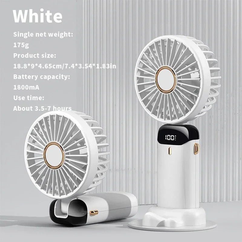 "5-in-1 Foldable Mini Fan | 3000mAh USB Rechargeable • Neck Hanging + Desk Stand + Phone Holder • LED Display • 5 Speeds"