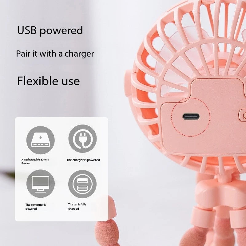 Octopus Mini USB Fan – Clip-On Cool + Night Light for Stroller, Desk & Travel!