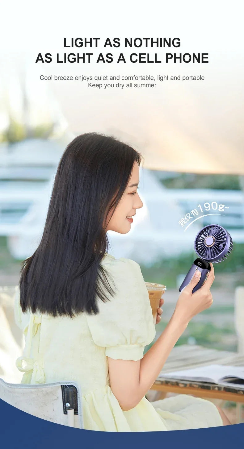 "5-in-1 Foldable Mini Fan | 3000mAh USB Rechargeable • Neck Hanging + Desk Stand + Phone Holder • LED Display • 5 Speeds"