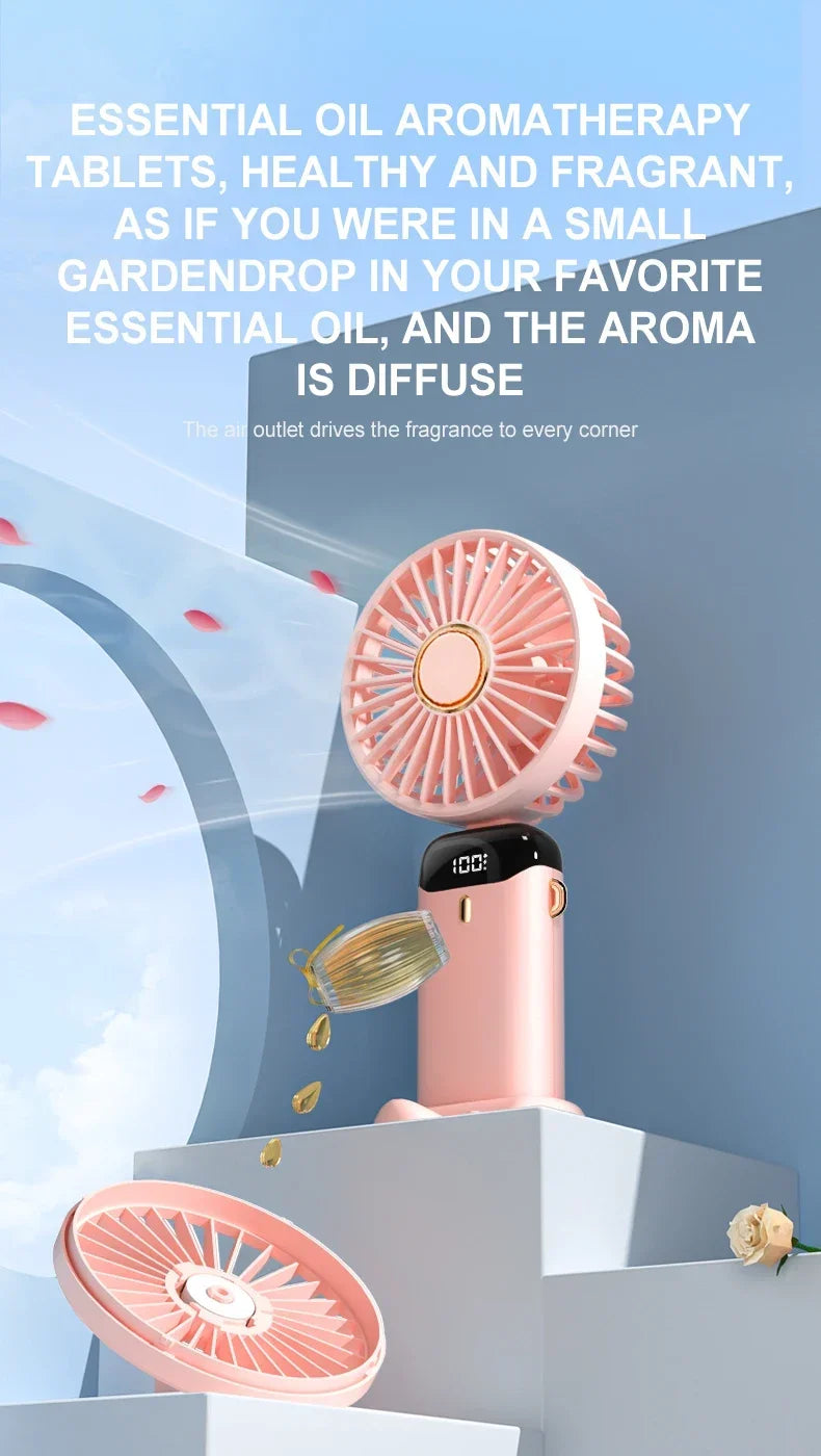 "5-in-1 Foldable Mini Fan | 3000mAh USB Rechargeable • Neck Hanging + Desk Stand + Phone Holder • LED Display • 5 Speeds"