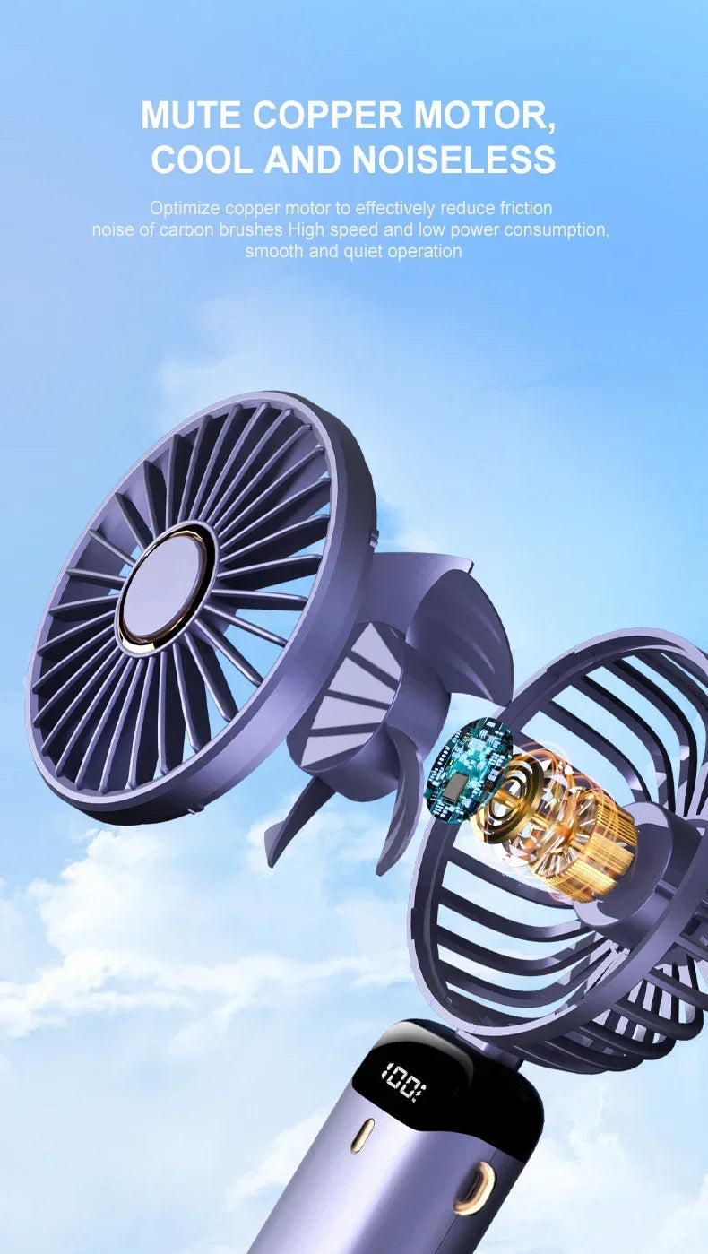 "5-in-1 Foldable Mini Fan | 3000mAh USB Rechargeable • Neck Hanging + Desk Stand + Phone Holder • LED Display • 5 Speeds"