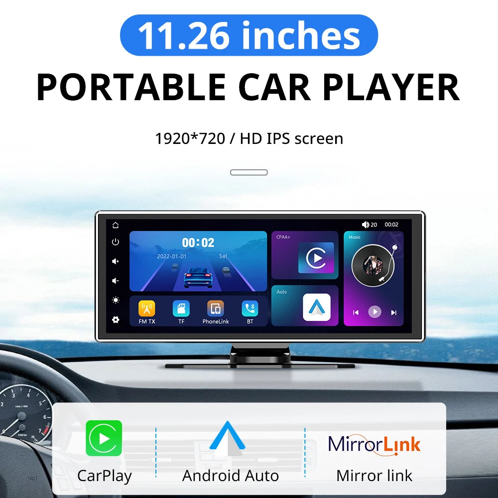 11.26" Portable IPS Touch Screen CarPlay & Android Auto Multimedia Player – Wireless Car Stereo with MP5 Video Playback