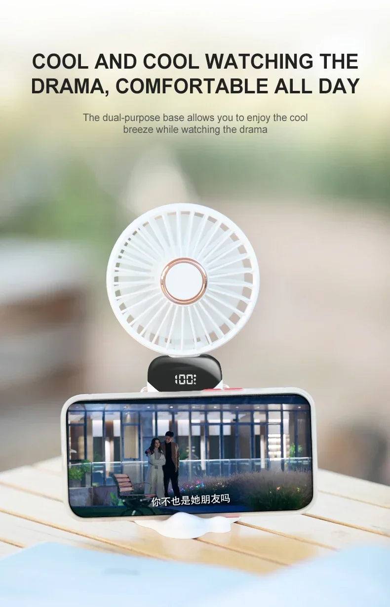 "5-in-1 Foldable Mini Fan | 3000mAh USB Rechargeable • Neck Hanging + Desk Stand + Phone Holder • LED Display • 5 Speeds"