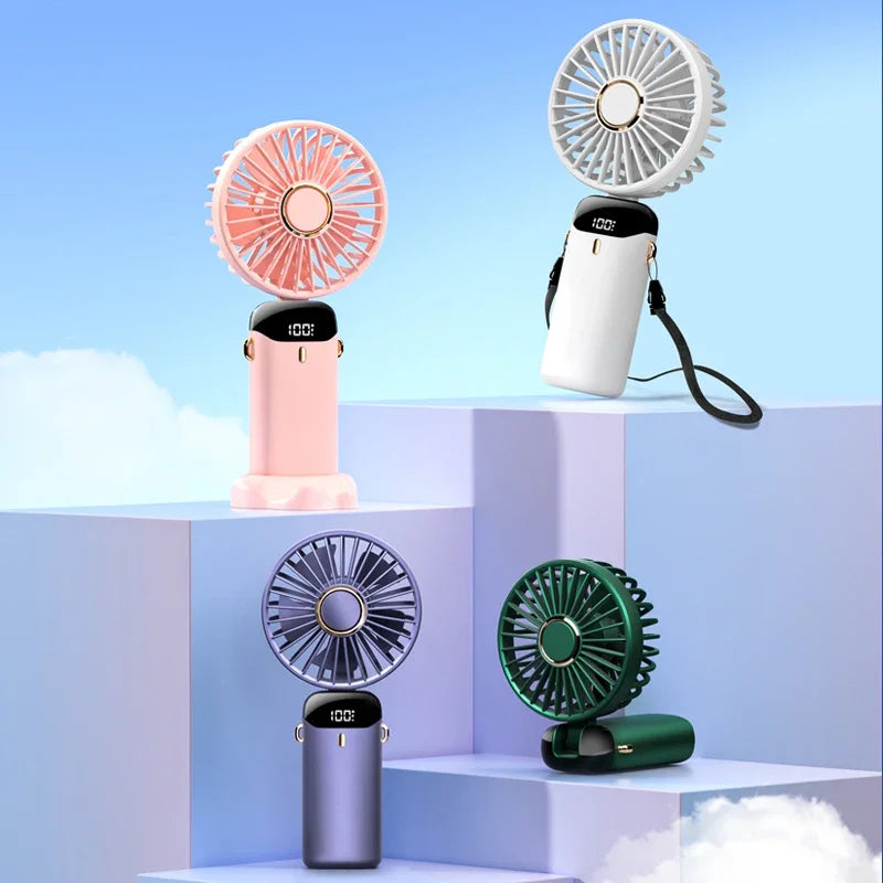 "5-in-1 Foldable Mini Fan | 3000mAh USB Rechargeable • Neck Hanging + Desk Stand + Phone Holder • LED Display • 5 Speeds"