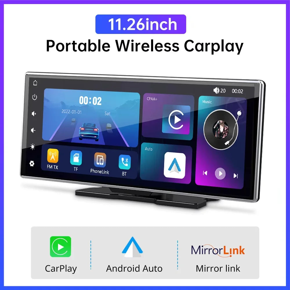 11.26" Portable IPS Touch Screen CarPlay & Android Auto Multimedia Player – Wireless Car Stereo with MP5 Video Playback